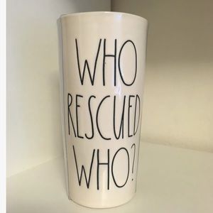 Rae Dunn WHO RESCUED WHO? Travel Mug Coffee Tumbler Dog Cat Lover Brand New